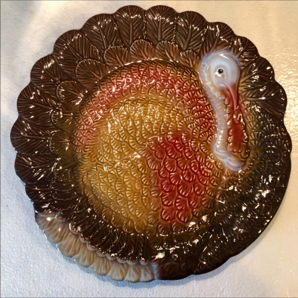 THANKSGIVING SERVING PLATTER TURKEY 16” ROUND CERAMIC PLATE TRAY CHARGER BEAUTIF